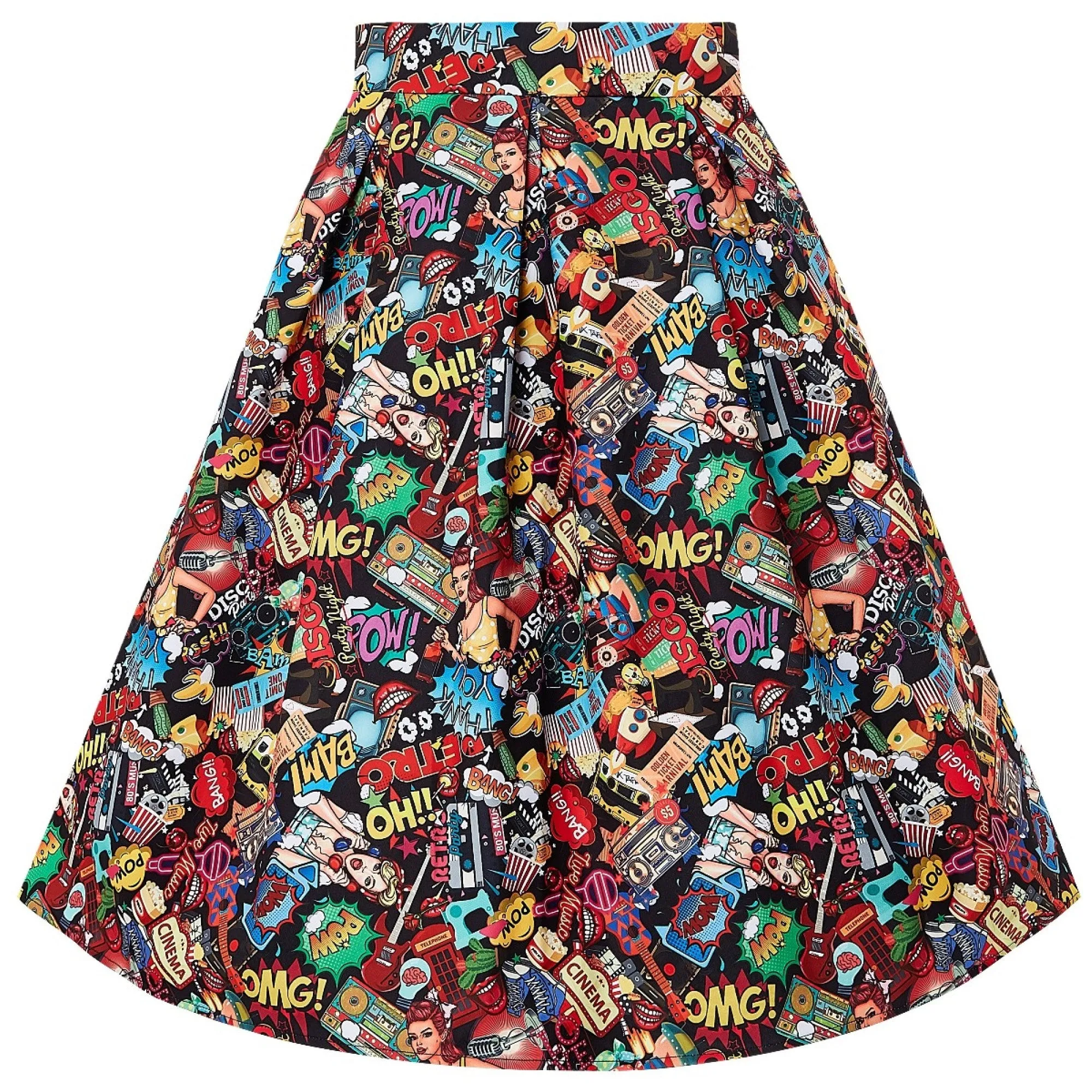 Dolly & Dotty Carolyn Box Pleat Skirt in Black Comic Pop Art Print