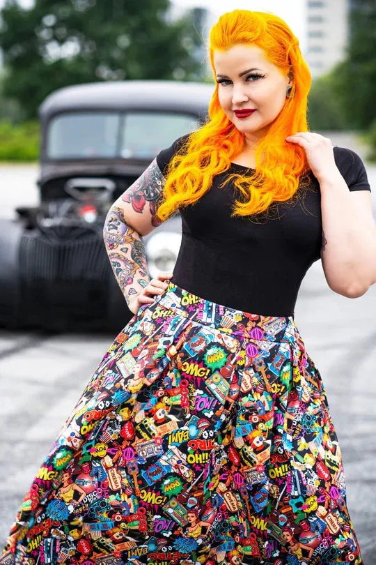 Dolly & Dotty Carolyn Box Pleat Skirt in Black Comic Pop Art Print