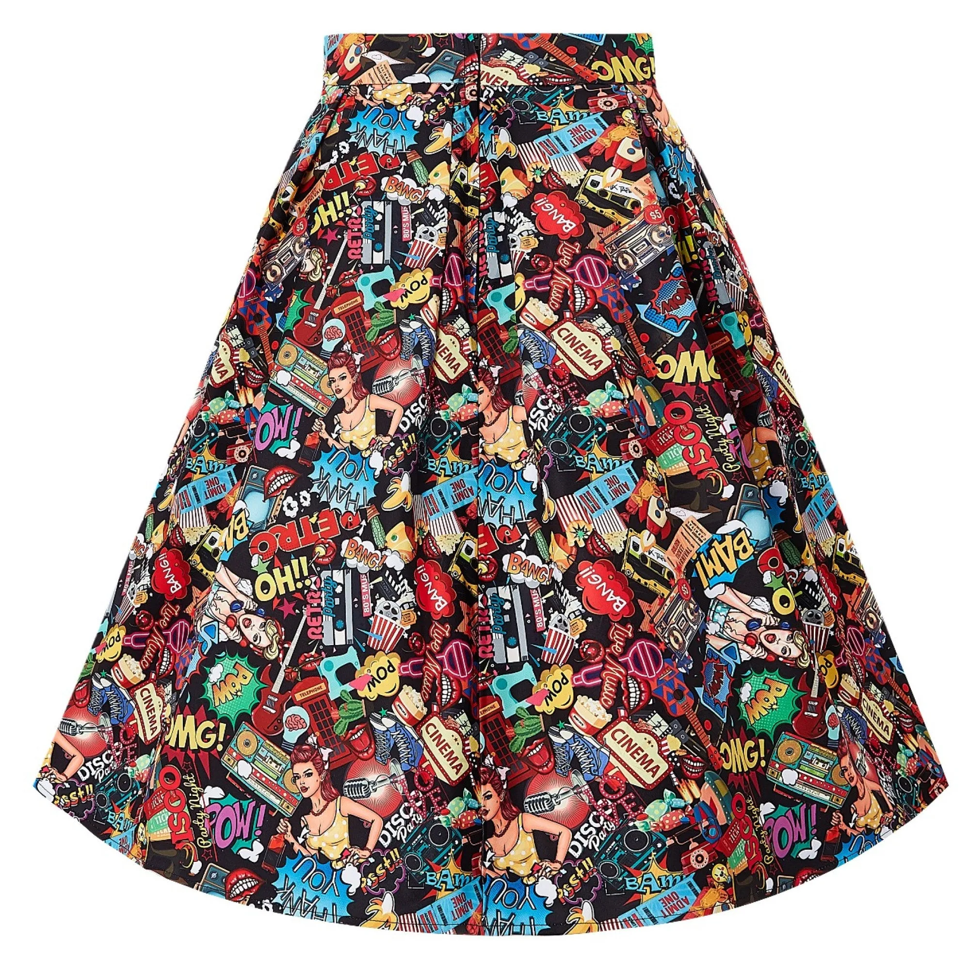 Dolly & Dotty Carolyn Box Pleat Skirt in Black Comic Pop Art Print
