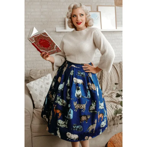 Dolly & Dotty Carolyn Box Pleat Skirt in Blue Cat Print