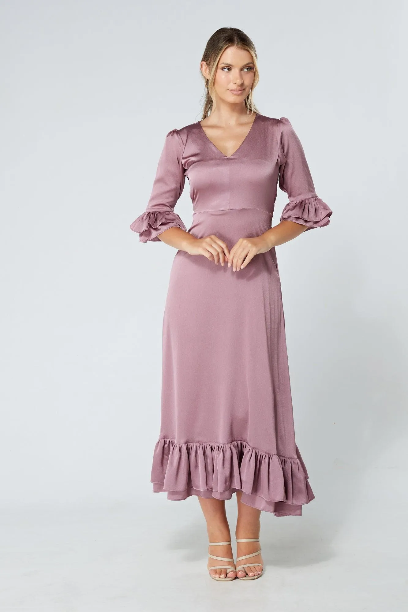 Francesca Frilled Hem Satin-Feel Lilac Midaxi Dress