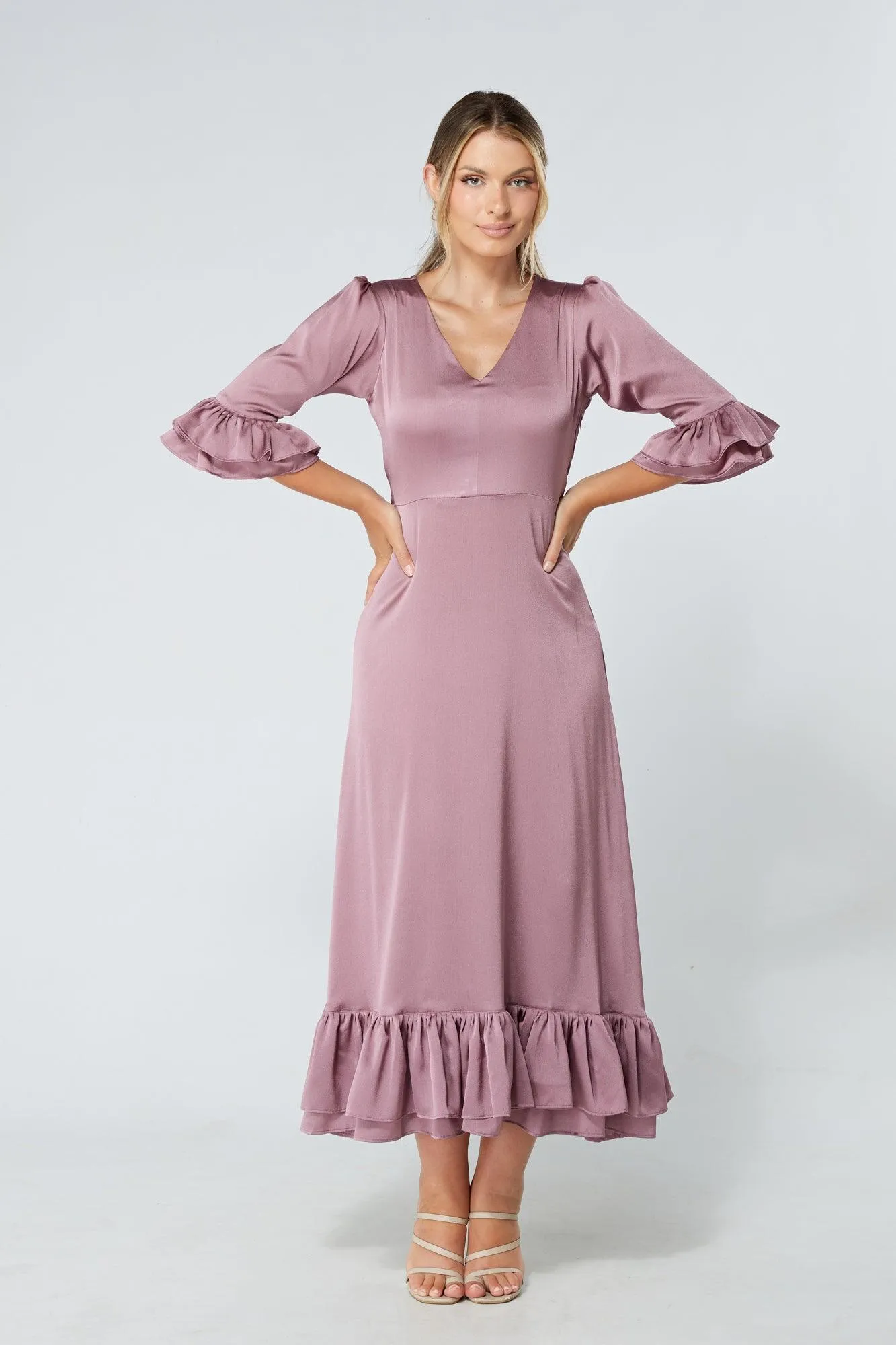 Francesca Frilled Hem Satin-Feel Lilac Midaxi Dress