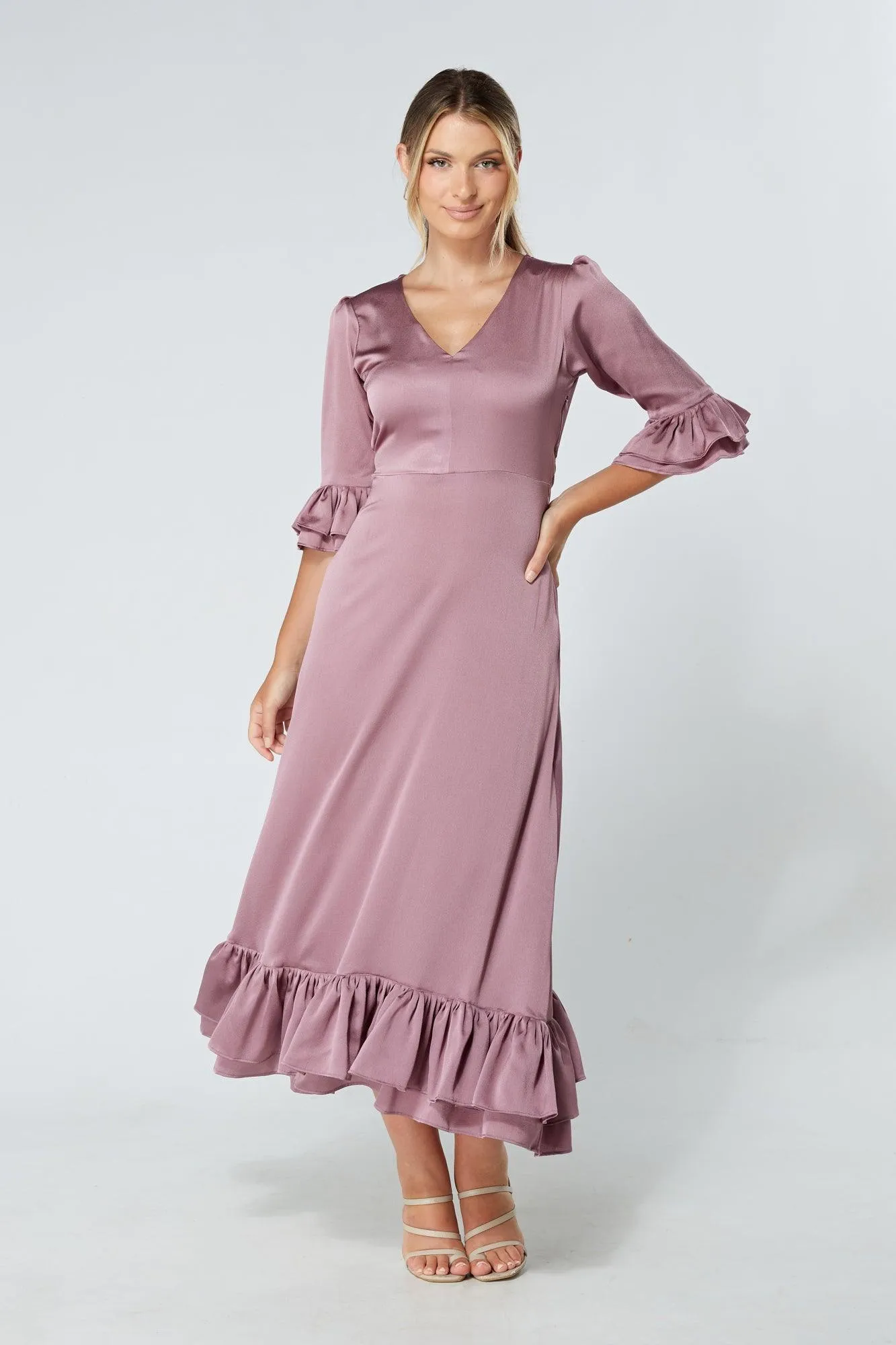 Francesca Frilled Hem Satin-Feel Lilac Midaxi Dress