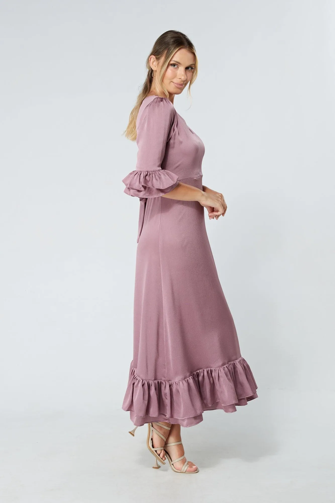 Francesca Frilled Hem Satin-Feel Lilac Midaxi Dress