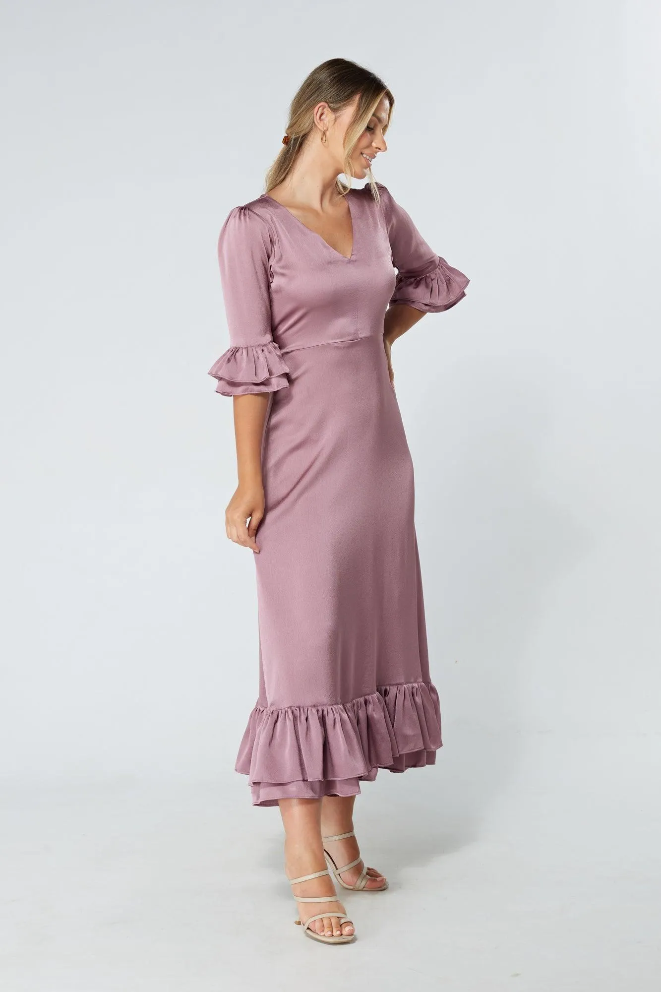 Francesca Frilled Hem Satin-Feel Lilac Midaxi Dress