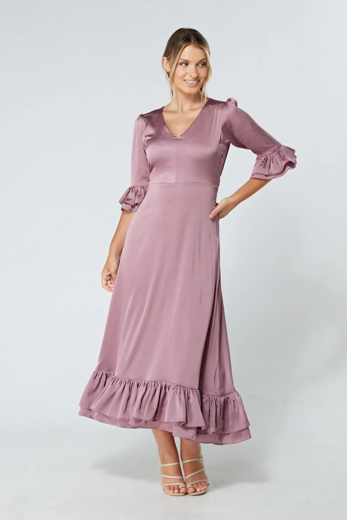 Francesca Frilled Hem Satin-Feel Lilac Midaxi Dress