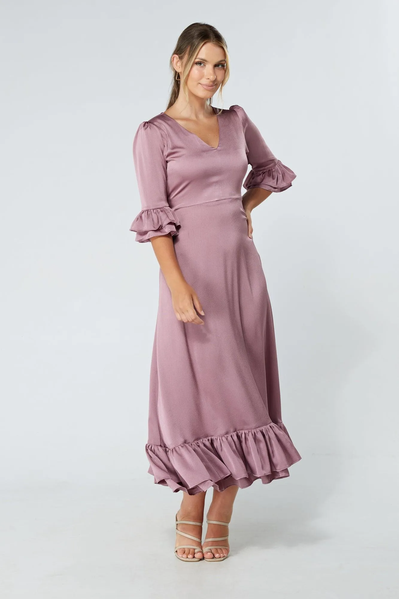 Francesca Frilled Hem Satin-Feel Lilac Midaxi Dress