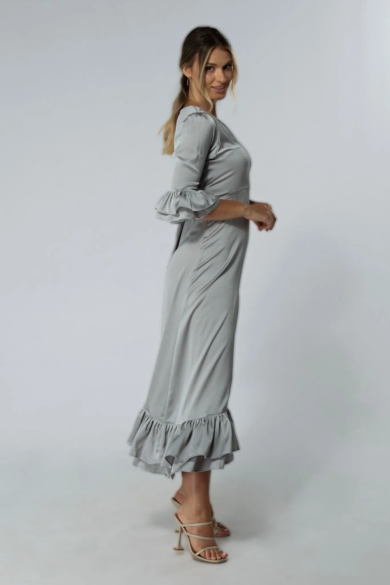 Francesca Frilled Hem Satin-Feel Silver Midaxi Dress