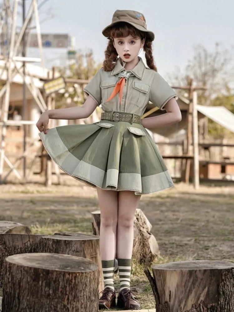 Green Ouji Box Pleated Skirt with Waist Belt
