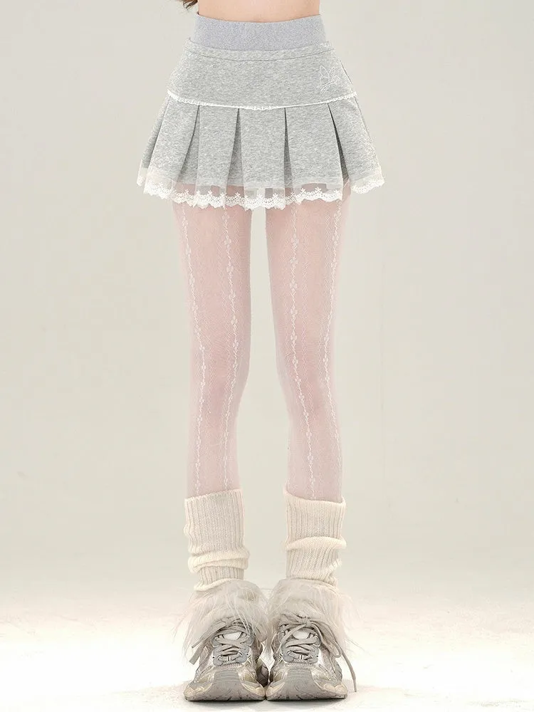 Grey Box Pleat Mini Skirt Lace Trim