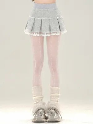 Grey Box Pleat Mini Skirt Lace Trim