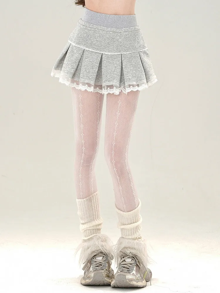 Grey Box Pleat Mini Skirt Lace Trim