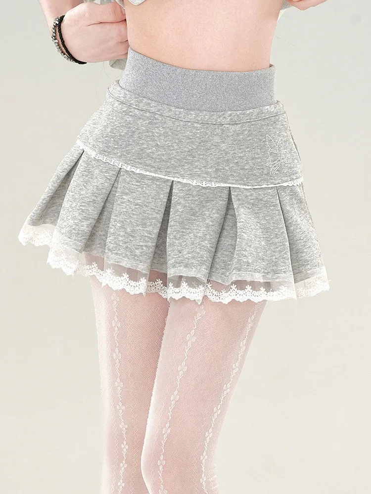 Grey Box Pleat Mini Skirt Lace Trim