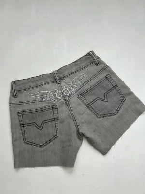Grey denim graphic print low rise mini short (XS)