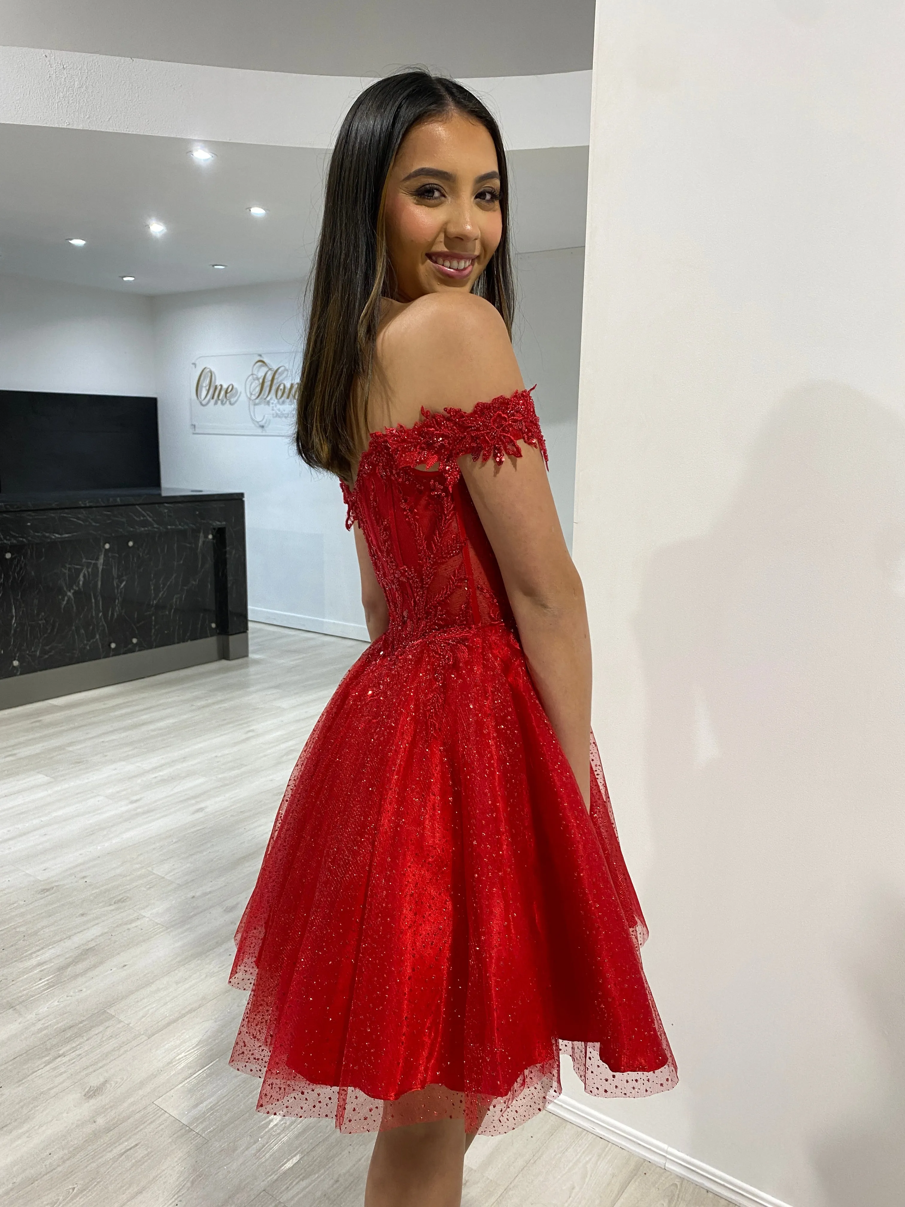 Honey Couture NICOLETTE Red Off the Shoulder Beaded Tulle Frilly Party Dress