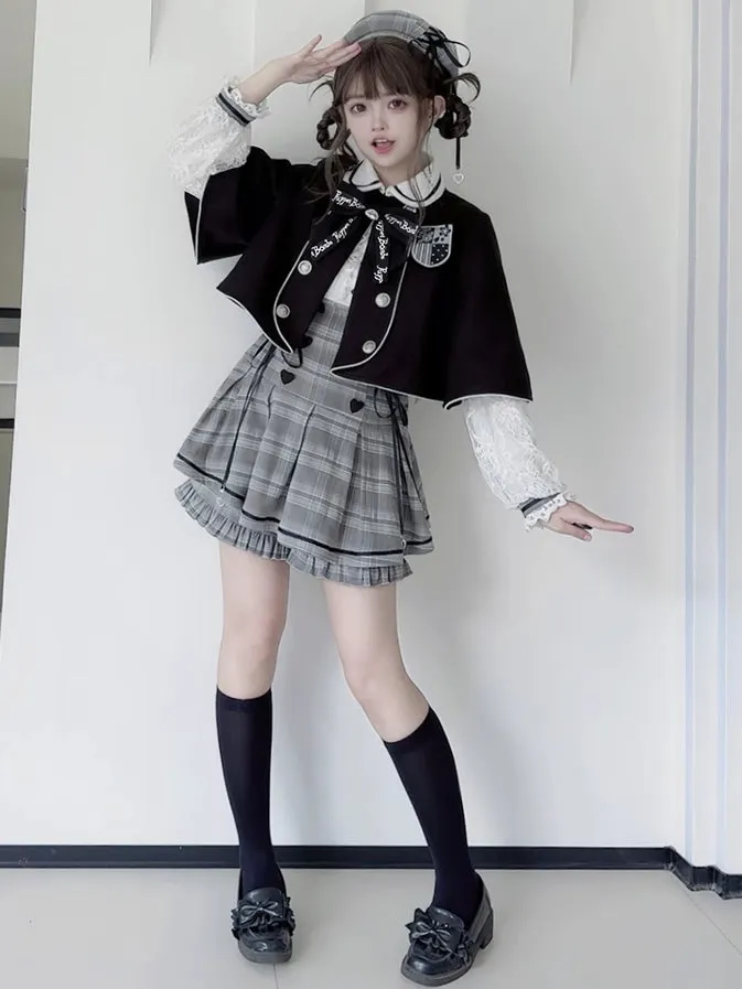 Jirai Kei Grey Set Peter Pan Collar High Waist Box Pleat Skirt Plaid Dress   Ruffle Trim Cuffs Shorts