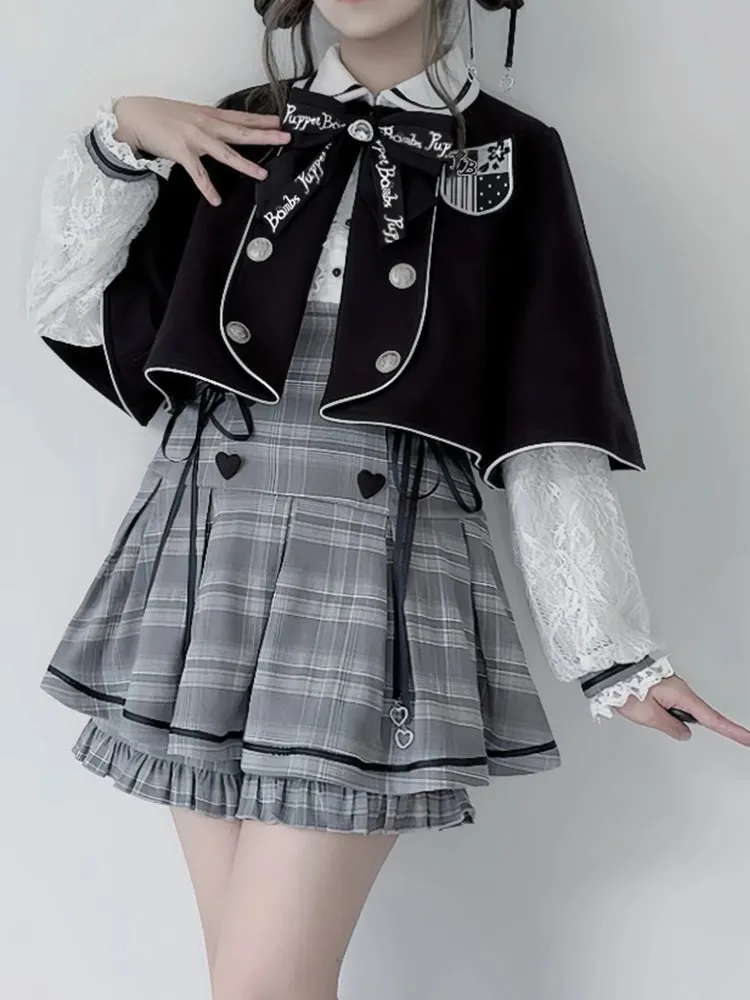 Jirai Kei Grey Set Peter Pan Collar High Waist Box Pleat Skirt Plaid Dress   Ruffle Trim Cuffs Shorts