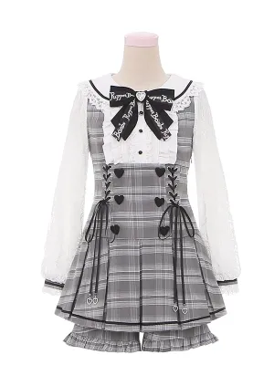 Jirai Kei Grey Set Peter Pan Collar High Waist Box Pleat Skirt Plaid Dress   Ruffle Trim Cuffs Shorts