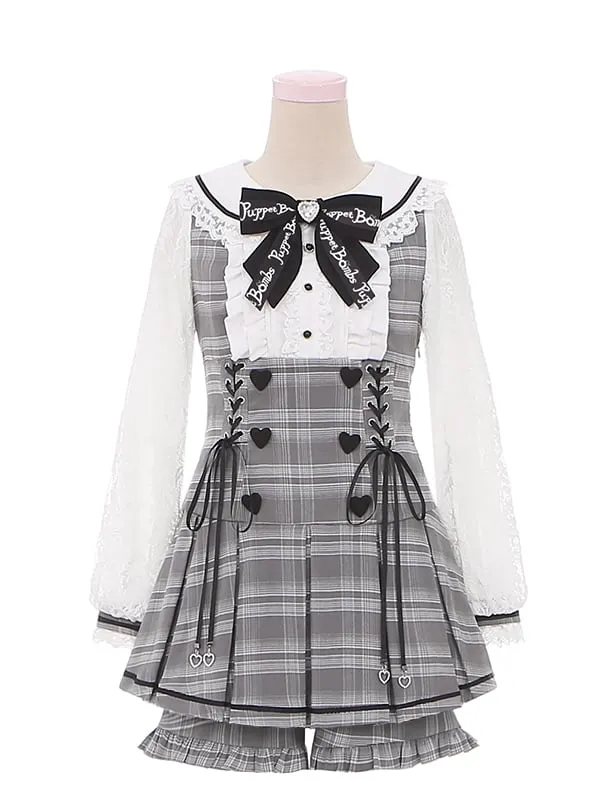 Jirai Kei Grey Set Peter Pan Collar High Waist Box Pleat Skirt Plaid Dress   Ruffle Trim Cuffs Shorts