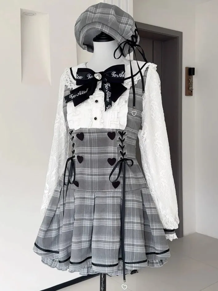 Jirai Kei Grey Set Peter Pan Collar High Waist Box Pleat Skirt Plaid Dress   Ruffle Trim Cuffs Shorts