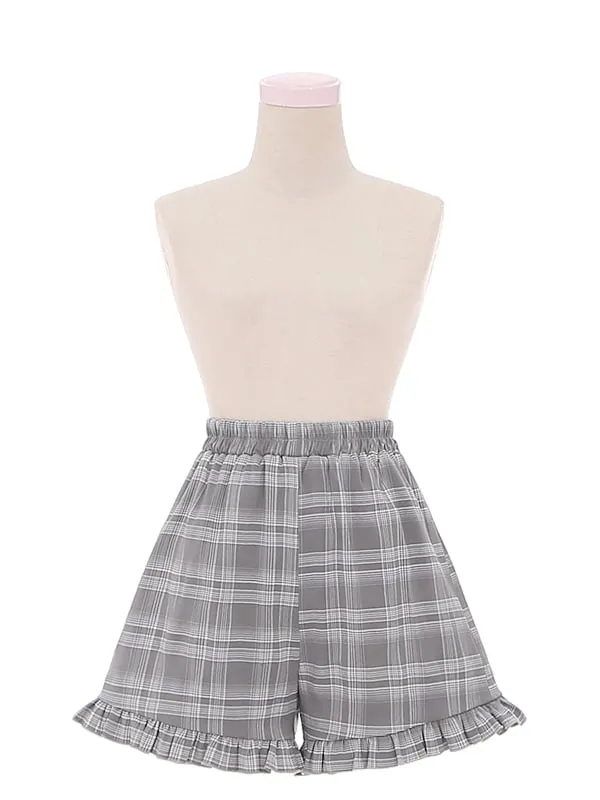 Jirai Kei Grey Set Peter Pan Collar High Waist Box Pleat Skirt Plaid Dress   Ruffle Trim Cuffs Shorts