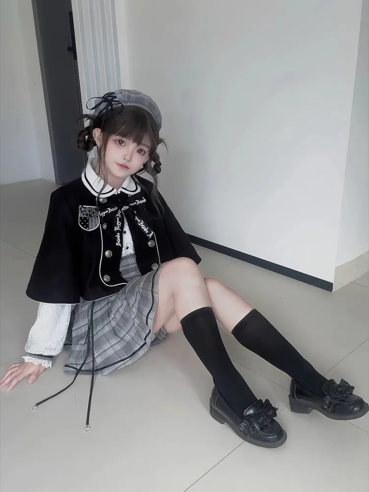 Jirai Kei Grey Set Peter Pan Collar High Waist Box Pleat Skirt Plaid Dress   Ruffle Trim Cuffs Shorts