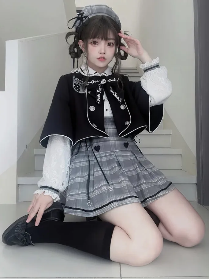 Jirai Kei Grey Set Peter Pan Collar High Waist Box Pleat Skirt Plaid Dress   Ruffle Trim Cuffs Shorts