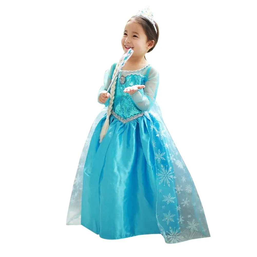 KAWELL Snow Queen Princess Elsa Costumes Birthday Dress Up for Little Girls with Crown,Mace,Gloves Accessories