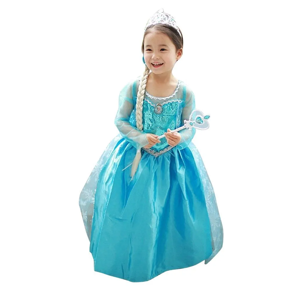KAWELL Snow Queen Princess Elsa Costumes Birthday Dress Up for Little Girls with Crown,Mace,Gloves Accessories