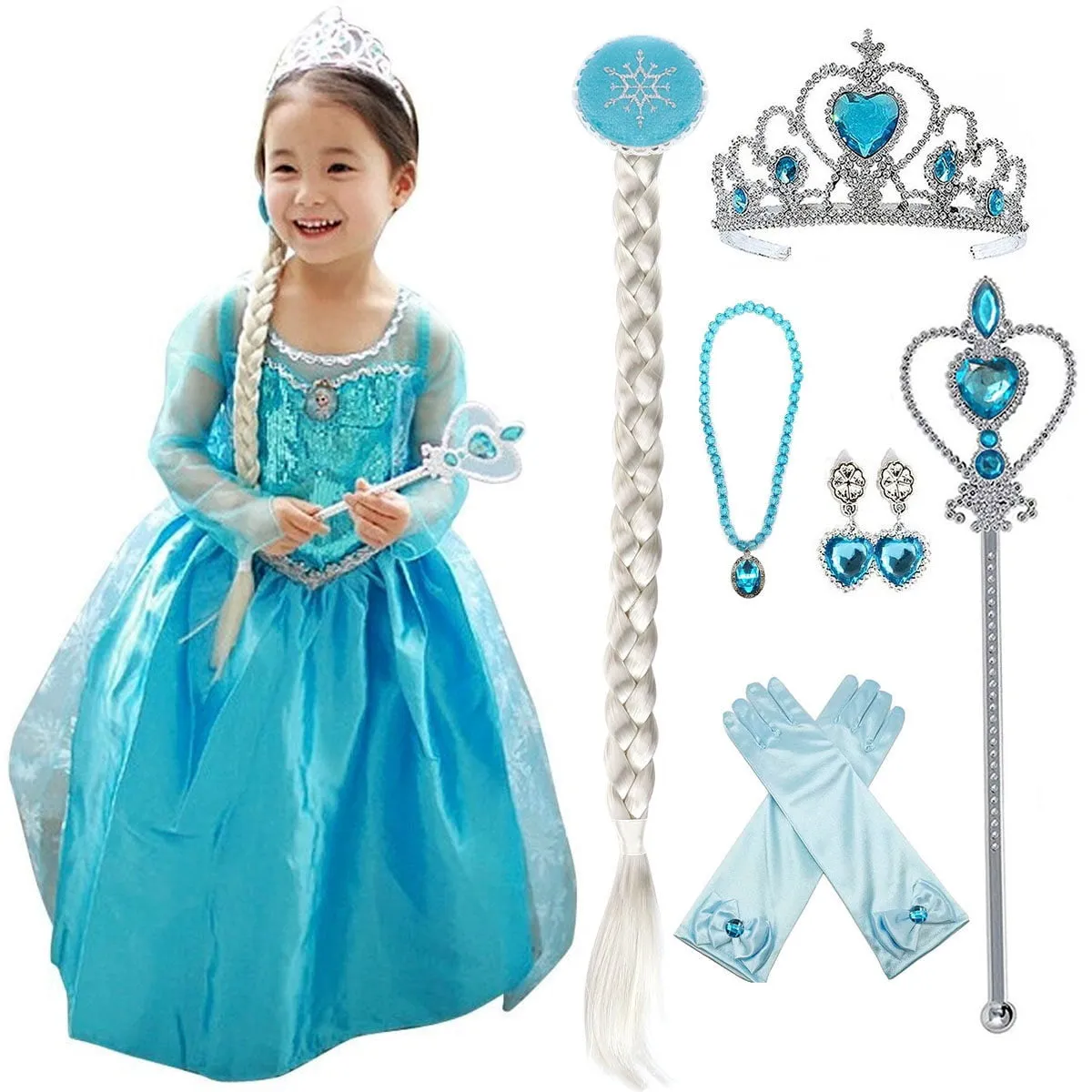 KAWELL Snow Queen Princess Elsa Costumes Birthday Dress Up for Little Girls with Crown,Mace,Gloves Accessories
