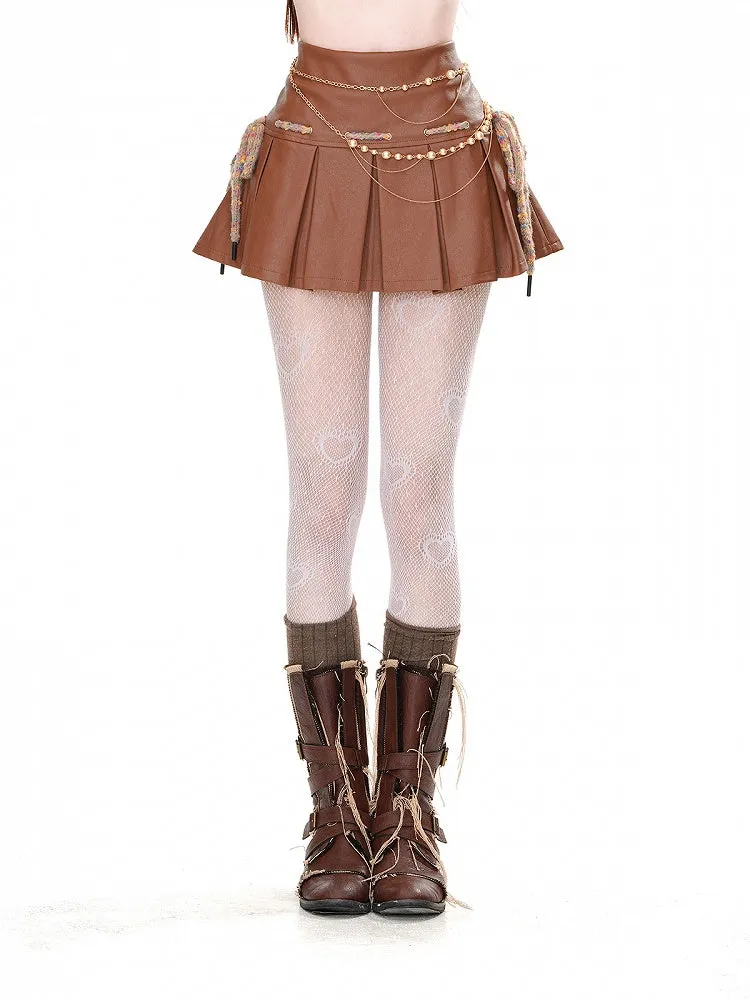 Mini Skirt Waist Box Pleat PU Brown High