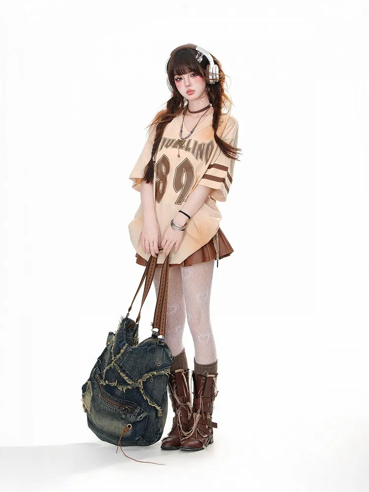 Mini Skirt Waist Box Pleat PU Brown High