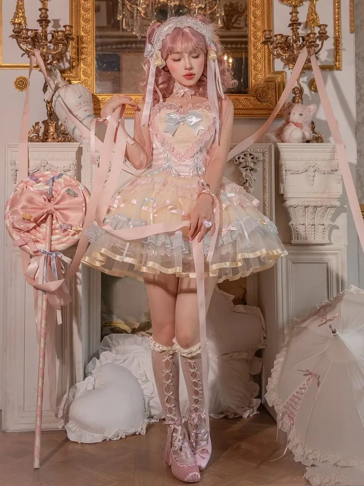 Pastel Rainbow Lace Trim Heart Bodice Princess Lolita Corset Jumper Skirt