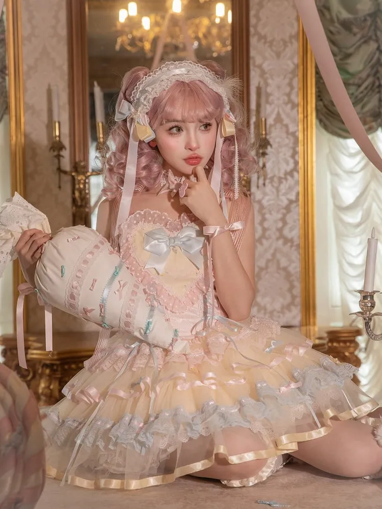 Pastel Rainbow Lace Trim Heart Bodice Princess Lolita Corset Jumper Skirt