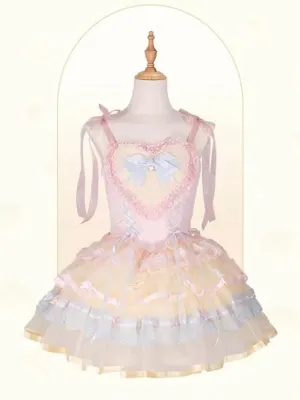 Pastel Rainbow Lace Trim Heart Bodice Princess Lolita Corset Jumper Skirt