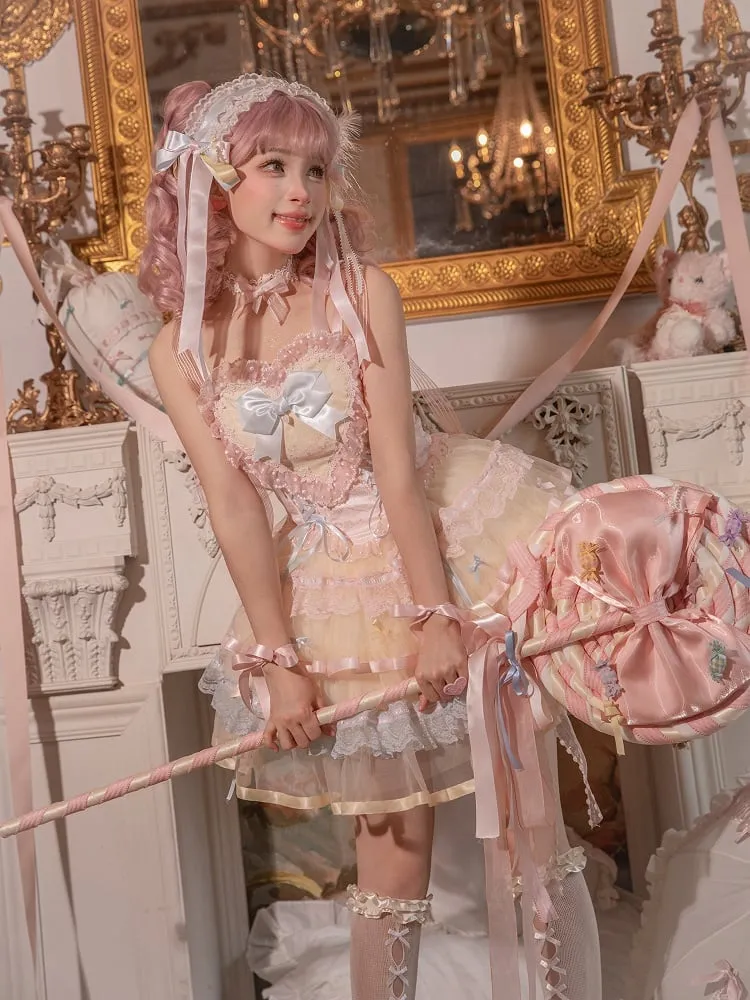 Pastel Rainbow Lace Trim Heart Bodice Princess Lolita Corset Jumper Skirt