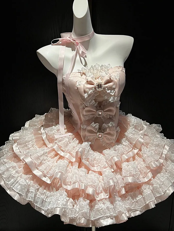Pink Bows Decorated Bodice Sweet Layered Skirt Princess Birthday Strapless Dress