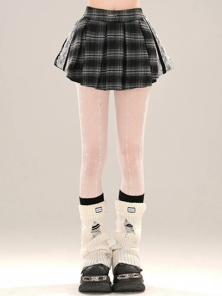 Plaid Accents Box Lace Black Pleat Mini Skirt