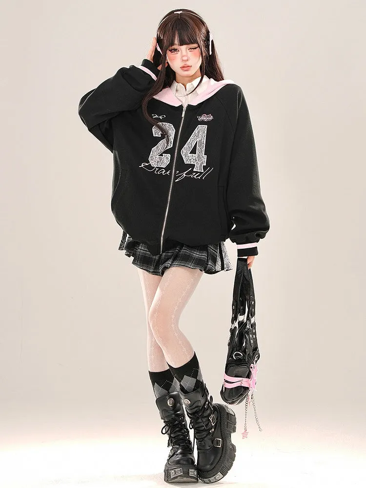 Plaid Accents Box Lace Black Pleat Mini Skirt