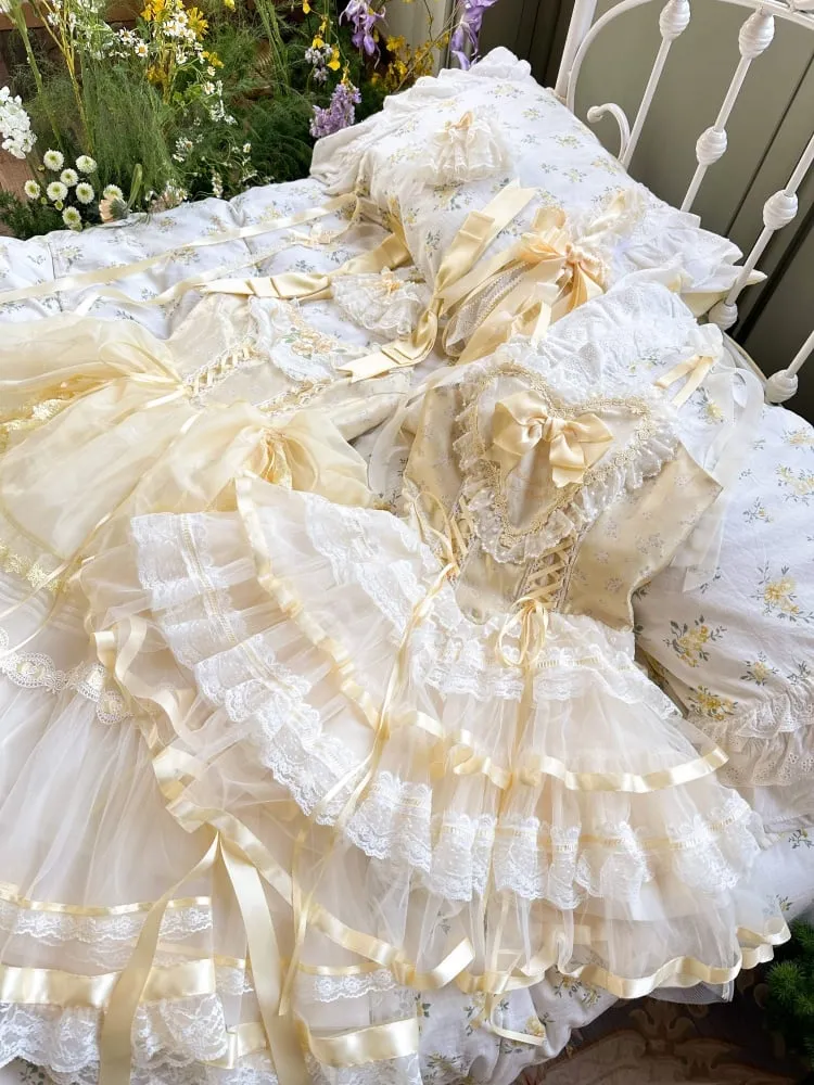 Yellow Lace Trim Heart Bodice Balletcore Princess Lolita Corset Jumper Skirt