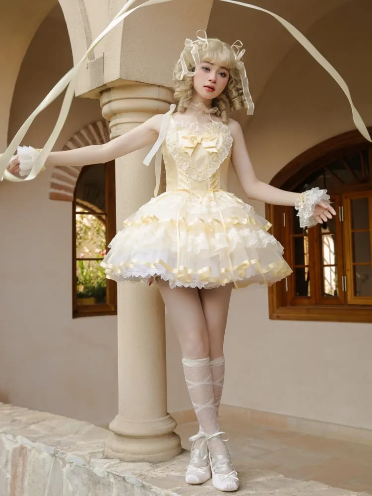 Yellow Lace Trim Heart Bodice Balletcore Princess Lolita Corset Jumper Skirt