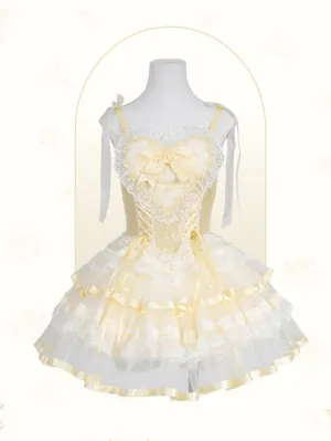 Yellow Lace Trim Heart Bodice Balletcore Princess Lolita Corset Jumper Skirt