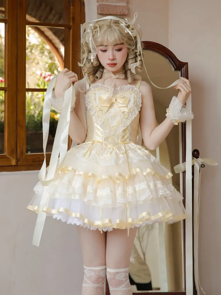 Yellow Lace Trim Heart Bodice Balletcore Princess Lolita Corset Jumper Skirt