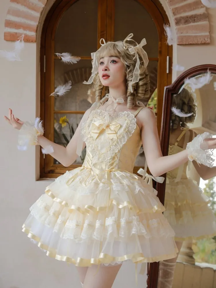 Yellow Lace Trim Heart Bodice Balletcore Princess Lolita Corset Jumper Skirt