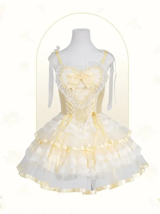 Yellow Lace Trim Heart Bodice Balletcore Princess Lolita Corset Jumper Skirt